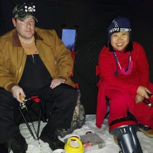 Callie ice fishing on the lake.