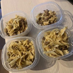 James's beef stroganof in clear, plastic containers.